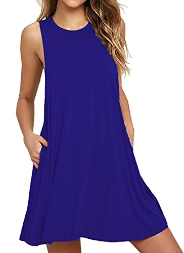 HAOMEILI Women's Sleeveless Pockets Casual Swing T-Shirt Summer Dresses L Royal Blue