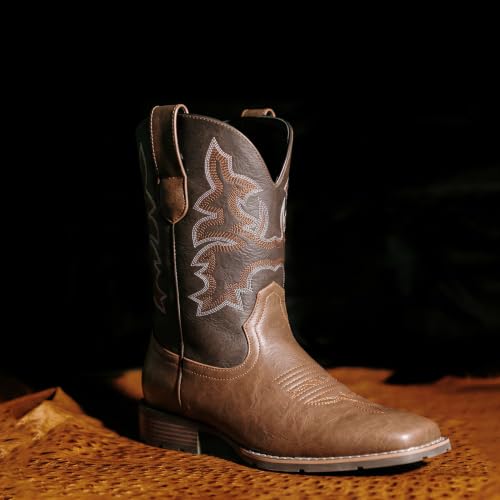 Image of Suokdil Cowboy Boots for Men - Men's Western Boots with Embroidery, Slip Resistant Square Toe Chunky Heel, Durable and Fashionable Retro Classic Footwear for Spring and Fall