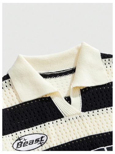 Men's Striped Crochet Tops Hollow Out Color Block Letter Embroidered Short Sleeve Sweaters3
