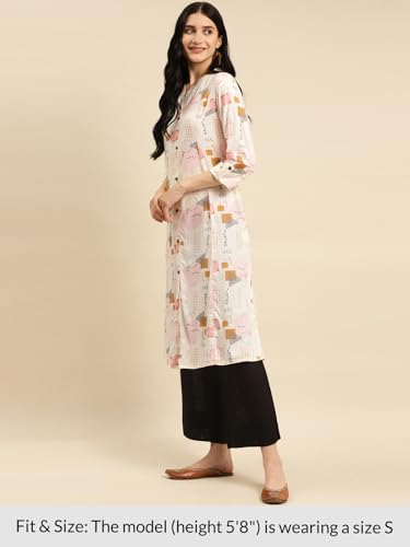 Image of rangita Off White Rayon Calf Length Printed A-line Kurti for Women | Kurta for Women