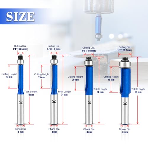 NICAVKIT 4 Stück Bündigfräser 8mm Schaft,Blauer Bündigfräser Fräser Set, Doppelseitiger Fräser mit Lagern,für Holz, Ø 6,35mm,Ø 8mm,Ø 9,5mm,Ø 12,7mm, Arbeitslänge 25 mm