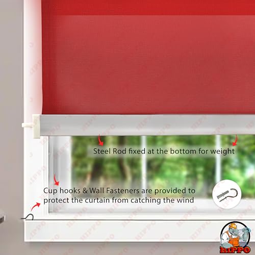 Image of HIPPO 180 GSM HDPE Outdoor Balcony Roller Blind, UV & Dust Protection Corded Roll Up and Down Light Filtering Blinds for Garden (Robin-Red, 3FTX5FT)