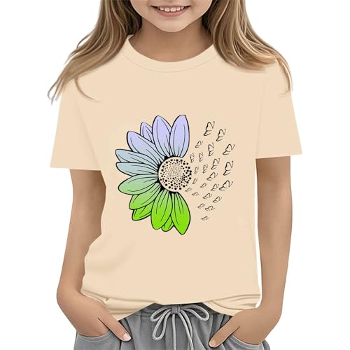 Girls Loose Fit Sunflower Graphic T Shirts Short Sleeve Crewneck Cute Pattern Printed Tops Kids (D-Beige, 8-9 Years)