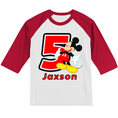 Personalized Mickey Birthday Shirt | Handmade Decorated Shirt | Personalized with Name | Unisex 3/4 Sleeve Raglan T-Shirt | #1146