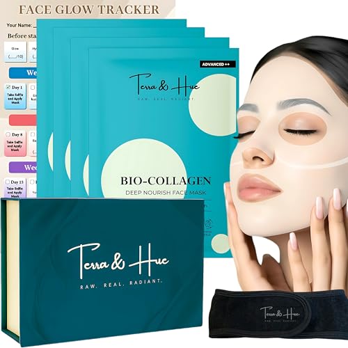Image of Terra & Hue Korean Glass Skin Overnight Collagen Face Mask with Facial Headband and Glow Tracker for Young, Glowing Skin, 2X Natural Bio Collagen, 4X Hydration, Pigmentation, Pore Minimizing, Collagen Mask Overnight, Pack Of 16