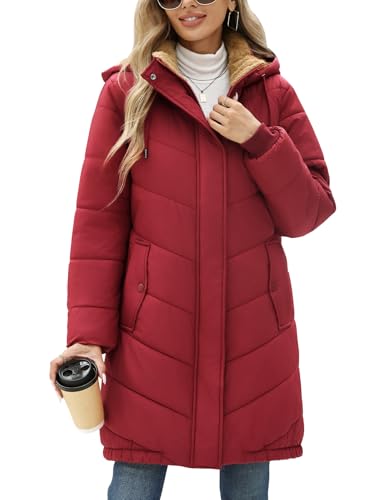 RITOSTA Winterjacke Damen Lang Fleece Gefüttert Steppmantel mit Kapuze Warm Parka Damen-Jacken Puffer Mantel Herbst Winter Hooded Jacket Kapuzenjacke Wintermantel mit Taschen(Rot,XXL)