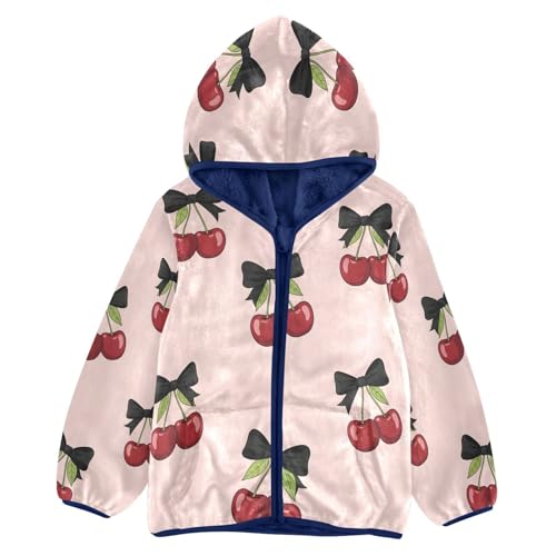 Cherry Pattern with Black Bows Toddler Fleece Jacket Girl Boys Hooded Fleece Jacket Coat Warm Outwear Zip-up 3-10T
