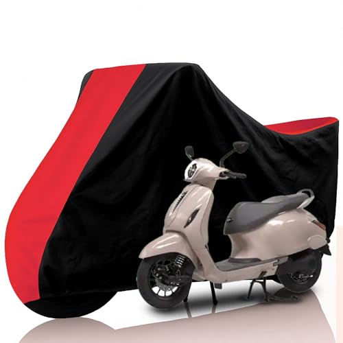 Image of All Weather Protection Two Wheeler Cover for Bajaj Chetak, Scooter & Scooty | Anti Dust, 100% Water Resistance, Heat Resistant, UV Proof - Triple Stitched | (Black Top Red)