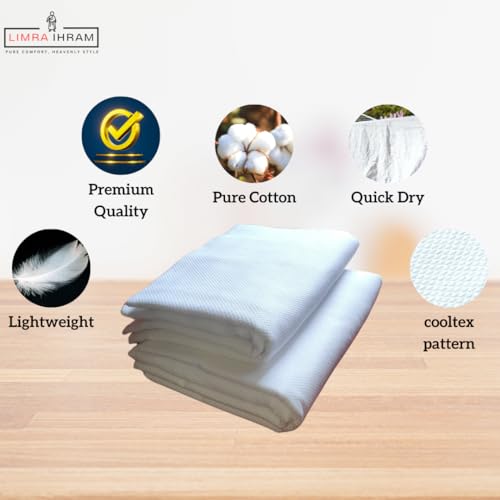 Image of LIMRA Premium Men's White Cotton Ihram Set for Hajj and Umrah | 2-Piece Quality Cloth | Free Size 46 inch X 92 inch - Divine Comfort! (Cooltex)