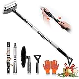 Epltion 57' Extendable Snow Removal for Car, 3 in 1 Ice Scrapers and Snow Brush with Squeegee for Car Windshield with Foam Grip and 270° Pivoting Brush Head for Car, Truck, SUV,Xmas Gifts