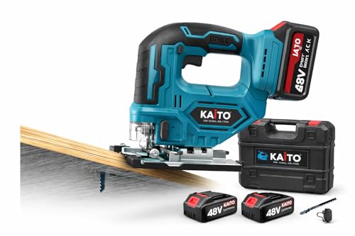 Image of KAITO 48V Cordless Jig Saw Brushless Motor Machine | 3000 SPM Variable Speed | 65MM Cutting Depth | 0-45 Bevel Cut | 3 Orbital Settings | Dual Battery with Charger | Wood, Metal & PVC Cutting Tool