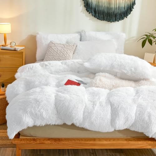 Fluffy Faux Fur White Comforter Cover Queen Set – Plush Fluffy White Bedding 3-Piece Set (1 Duvet Cover + 2 Furry Pillow Shams) Cozy Bed Set