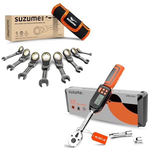 SUZUME 8PCS SAE Stubby Wrenches Set & 3/8 Drive Digital Torque Wrench (4.9-99.6 Ft. Lb/ 6.6-135 N.m)