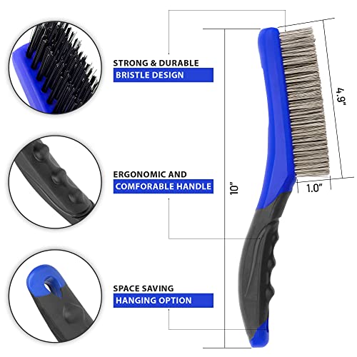 Lavaxon Wire Brush Set-Heavy Duty Stainless & Carbon Steel Bristles with Plastic Handle Grip for Rust, Wielding Slag, Dirt & Paint Scrubbing with Deep Cleaning – 10 Inches (Pack of 2-Blue)