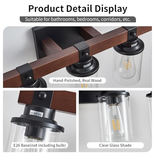Image of 5 Bathroom Vanity Lights, Farmhouse Wooden Bathroom Light Fixture Over Mirror with Clear Glass, Wood Vanity Light for Bedroom,Living Room