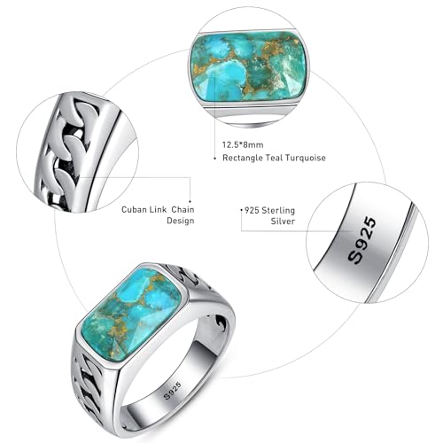 5ct 925 Sterling Silver Mens Cuban Link Ring Handmade Ring Rectangle-Cut Mens Teal Turquoise/Synthetic Black Onyx Rings Anillos de Hombre for Birthday Jewelry Gift Band Width 4.8mm Size 8-124