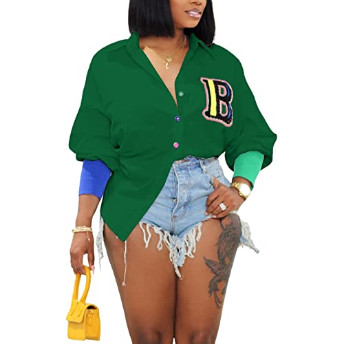 kaimimei Shirt Dress for Women Sexy-Color Block Letter Embroidery Button Down Long Sleeve Ribbed Cuff Club Blouse Mini Dress