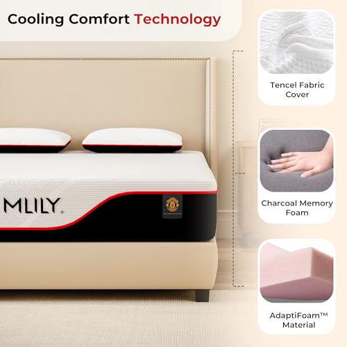 Image of MLILY Queen Size Mattress 12 Inch Memory Foam Manchester United, Medium Feel, Cool Sleep & Pressure Relief, Fiberglass Free, Made in The USA of Certified Safe US Foam and Global Materials, White