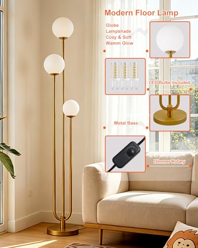 Image of 63IN 3-Light Dimmable Floor Lamp, Unique Gold Tall Standing Lamps with 3000K G9 Bulbs for Reading, Mid Century Modern Floor Lamp with 5Lbs Heavy Base for Living Room Bedroom Home Office