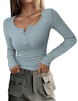 DUOEASE Basic Langarmshirt Damen Henley Tshirt Damen Gerippt Elegant Longsleeve Herbst Top Blaugrau-M