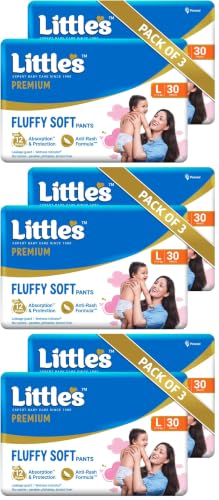 Image of Little's Premium Baby Diapers L Size (Large) Pants Style | 9-14 kg | 60 Count | FluffySoft Baby Diaper with Leakage Guard, Wetness Indicator & 12 Hours Absorption | (30 Count, Pack of 6)