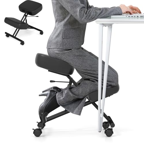 HOMASIS Silla ergonómica con 4 ruedas y frenos, altura ajustable, silla de oficina con cojín grueso, taburete ortopédico para el hogar y la oficina (sin respaldo)