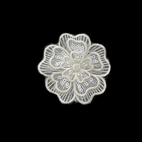 10 Stück weiße Stickerei Blumen Aufnäher Organza Spitze Applikation für Abzeichen Hochzeit Brautkleid DIY Kopfschmuck Verzierung (3-lagig weiß, 65 mm breit) Cover