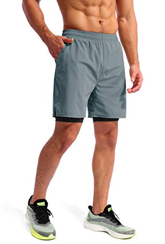 Image of Pudolla Men's 2 in 1 Running Shorts 5 inch Quick Dry Gym Athletic Workout Shorts for Men with Phone Pockets