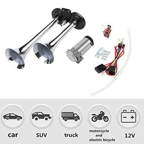 Viping Air Horn Car Horn 12V 150DB Trumpet Truck Air Horn Double Tube Silver Chrome Zinc Dual Trumpet Air Horn with Compressor Car Speaker for any 12V Vehicles Trucks Lorrys Trains Boats Cars ect - Thumbnail 7
