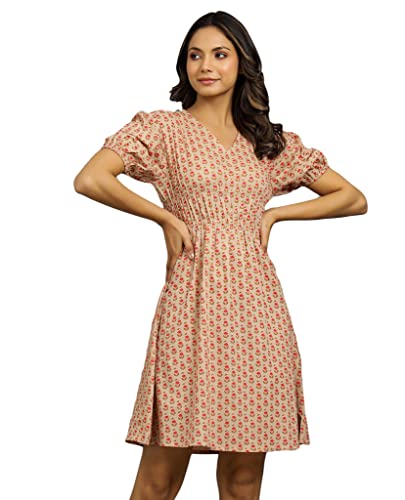 Ravaiyaa - Attitude is everything Dress for Women | A-Line Knee-Length Dress | Beach Short Dress | Soft Cotton Dress (XX-Large, Beige Floral)