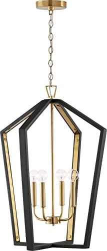 Capital Lighting 344541KM Maren Modern Linear Handcrafted Mango Wood Frame Pendant Ceiling Light Fixture, 4-Light 240 Total Watts, 27" H x 20" W, Flat Black and Matte Brass