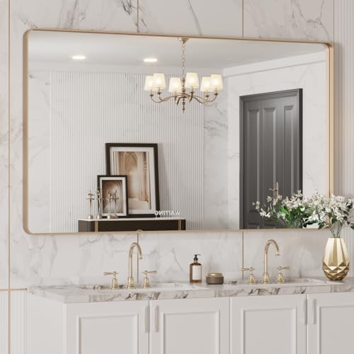 LOAAO 50X30 Gold Bathroom Mirror, Rounded Rectangle Gold Frame Mirror, Brushed Gold Bathroom Vanity Mirror Wall-Mounted, Anti-Rust, Tempered Glass, Hangs Horizontally or Vertically