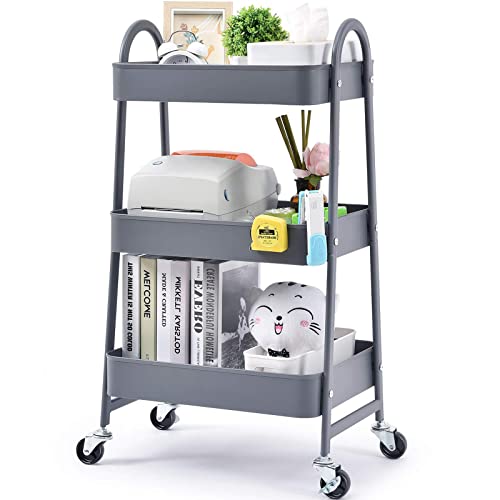 Image of 3 Tier Utility Rolling Cart, Metal Utility Serving Cart, Sturdy Storage Trolley with Handles, Large Storage, Lockable Wheels for Office Kitchen Garage Bedroom Bathroom, Smooth Grey