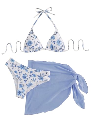 SHENHE Women's 3 Piece Floral Bikini Set with Wrap Coverup Halter Triangle Swimsuits Blue W Small