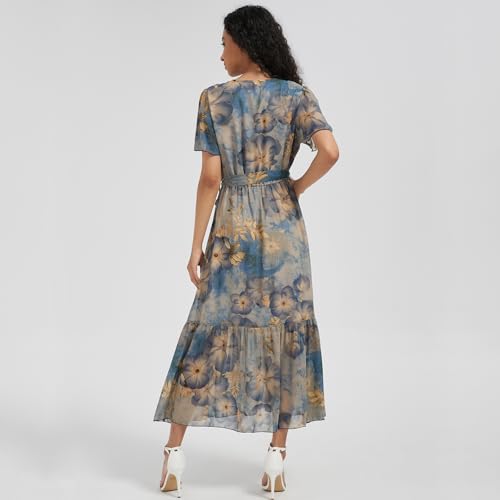 Image of Women's Summer Bohemian Floral Chiffon Dress Cap Sleeve V Neck Ruffle Long Flowy Boho Casual Vacation Dresses