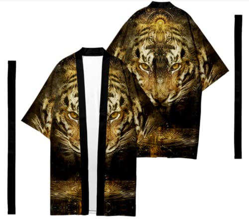 HZCX FASHION Mens Kimono Robe With Belt Printed Lightweight Open Front Samurai3