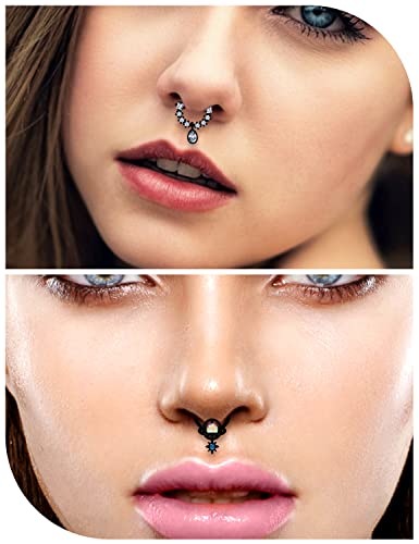 Vsnnsns 16G Septum Rings Piercing Jewelry 316L Stainless Surgical Steel Skull Flower Dangle Clicker Horseshoe Septum Nose Rings Hoop Piercing Jewelry for Women Men Silver Black Rose Gold 10mm4