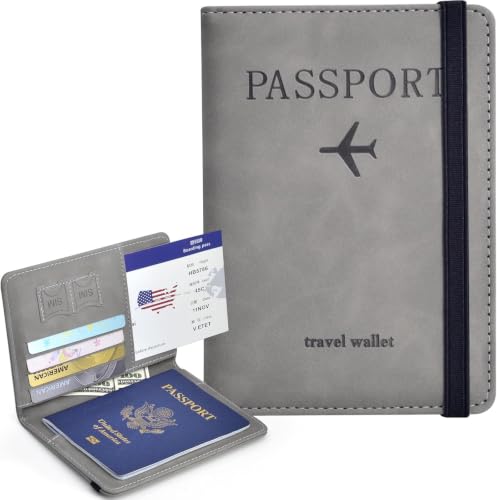 Image of PU Leather Passport Holder Travel Wallet Organiser for Men & Women | 4 Card Slots 2 SIM Slots Money Case | Travel Document Case Cover Passport Pouch Slim Unisex Gift - (Pack of 2) Grey