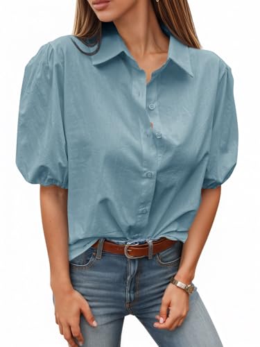 Image of Tankaneo Women's Button Down Shirts Short Puff Sleeve Collared Dressy Casual Blouse Tops