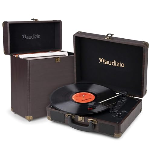 Audizio RP116DW Tocadiscos Retro Maleta marrón Oscuro con Bluetooth in/out, Altavoces Integrados, 33/45/78 RPM, digitalización a MP3, Incluye Estuche RC32 para 35 vinilos