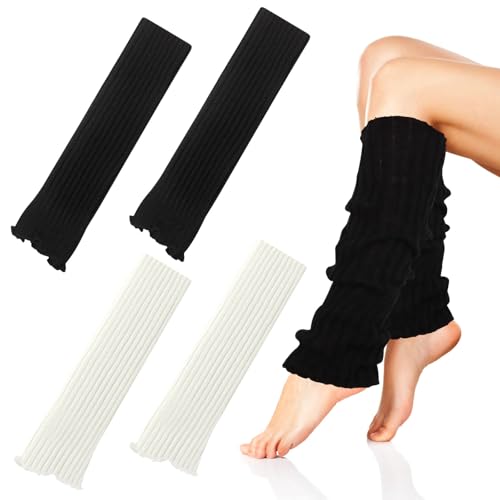 ZOCONE 2 Pares Calentadores Piernas Mujer, Invierno Leg Warmers Elasticidad Calentadores de Piernas de Punto para Mujeres, Guantes Elásticos para Piernas Adecuadas para Otoño e Invierno(Negro,Blanco)