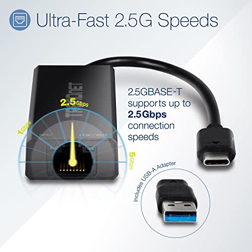 Image of TRENDnet USB-C 3.1 to 2.5GBASE-T Ethernet Adapter, TUC-ET2G, NDAA & TAA Compliant, Windows & Mac Compatible, USB Type-C to USB-A Converter Included, Up to 2.5Gbps Speeds, Black