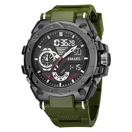 Montre en alliage SMAEL 8060 à double affichage étanche et boîtier résistant vert militaire