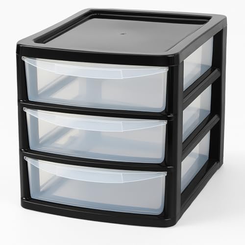 A4 PLASTIC STORAGE DRAWERS DRAW TOWER UNIT OFFICE DESKTOP TABLETOP HOME SCHOOL GARAGE MODULAR & PORTABLE DRAWERS OFFICE DESK ORGANIZER SLIM A4 SIZE 2|3|4|6|8 TIERS (Black/Clear, A4 Slim 3 Drawers)