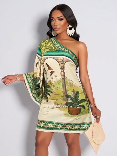 Image of KATECLO Women's One-Shoulder Boho Mini Dress - Asymmetrical Sleeve Floral Print Summer Shift Dress with Border Trim