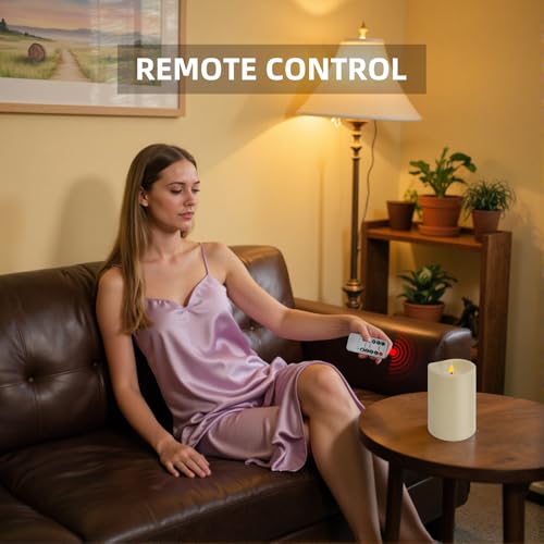 Image of Set of 2 Flameless LED Candles with 2 Remotes, 4x6 Inch Battery Powered Plastic Pillar Candles, Flickering Flame with Timer & Dimming, Ivory - Elegant, Safe Lighting for Home, Wedding, Holiday