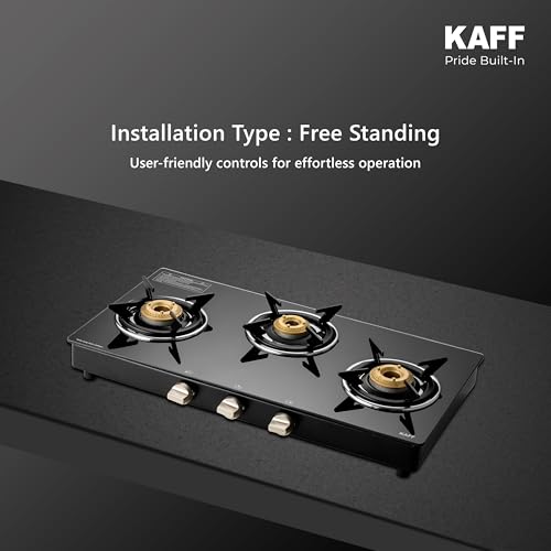 Image of KAFF CTC 77 3B Gas Stove /Cooktop 3 Burners with Manual Ignition 77 CM, High Efficiency Brass Burners, Black Tempered Glass, Enamelled Pan Support (Black)