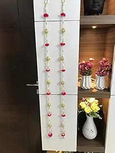 TATHAGATA Handmade Wall Door 2 FT.2 Strings Pink PomPom with white Pearl Golden Beads Hanging Torans Garland Bandhwar Decoration Item for Home Decor Diwali Festival,Navratri,Wedding (2 FT 2 Strings)