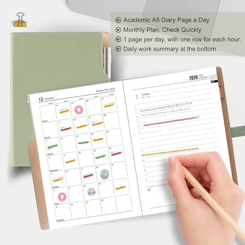 Academic Diary 2026 A5 Day To Page,Schedule Organizer With Calendar Stickers, Agenda Diary Planner With Pen Holder And Pen,Premium Thicker Paper 14 X 21.5 Cm (Green) - 3