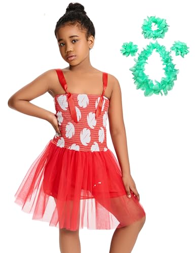 Hawaiian Little Girls Red Leaf Green Tutu Dress with Luau Leis Accessories Outfit